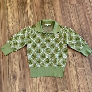 Simple Retro Avocado Green argyle 3/4 sleeve button sweater with collar EUC sz s